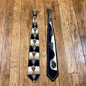 Vintage Ottimo Uomo Mens 100% Silk Tie Lot of 2  Baroque Geometric Navy Gold